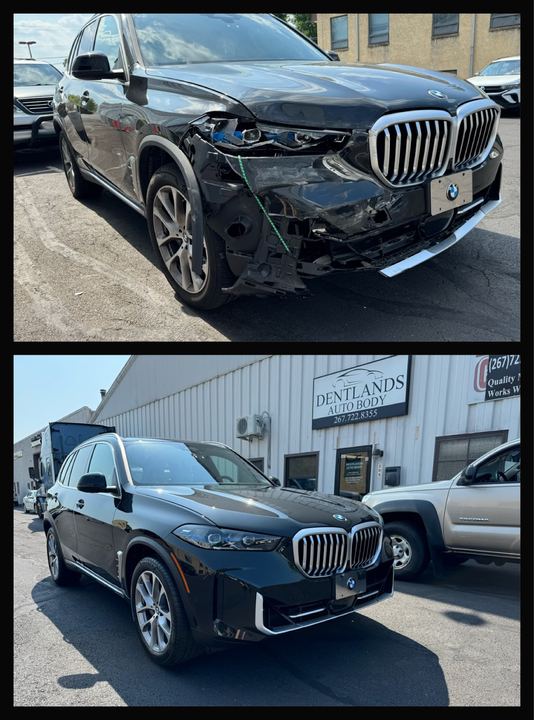 BMW X3 black, heavy front-end damage -> repaired (hero candidate)
