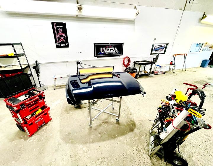 inside the shop, prep/paint area
