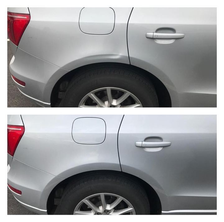 silver sedan rear door dent -> fixed